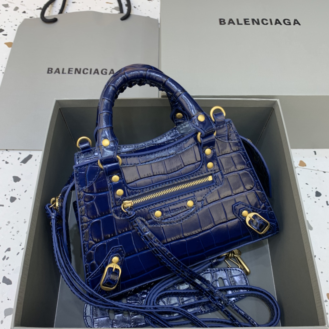 Balenciaga Neo Classic Mini Handbag Crocodile Embossed Shoulder Bag Blue